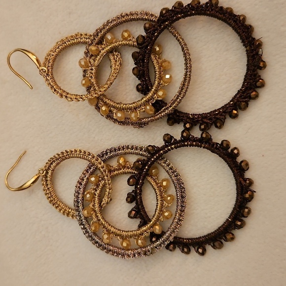 Elegant Interlocking Circle Hoops Macrame Crystal Beaded Dangle Earrings - Picture 2 of 5